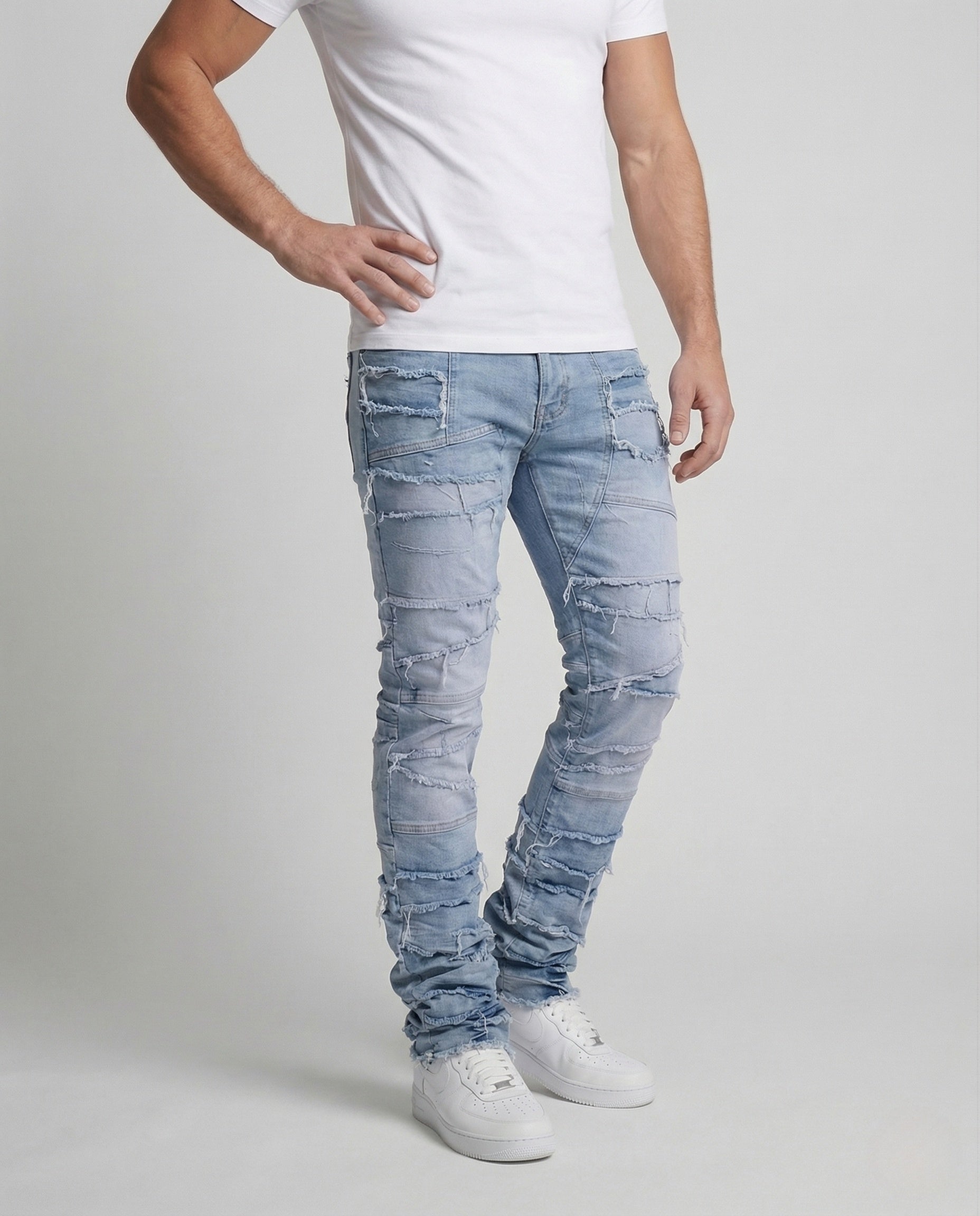 Herren Jeans Patchwork Schmale Bein Fransen Darkblue - Eveloria