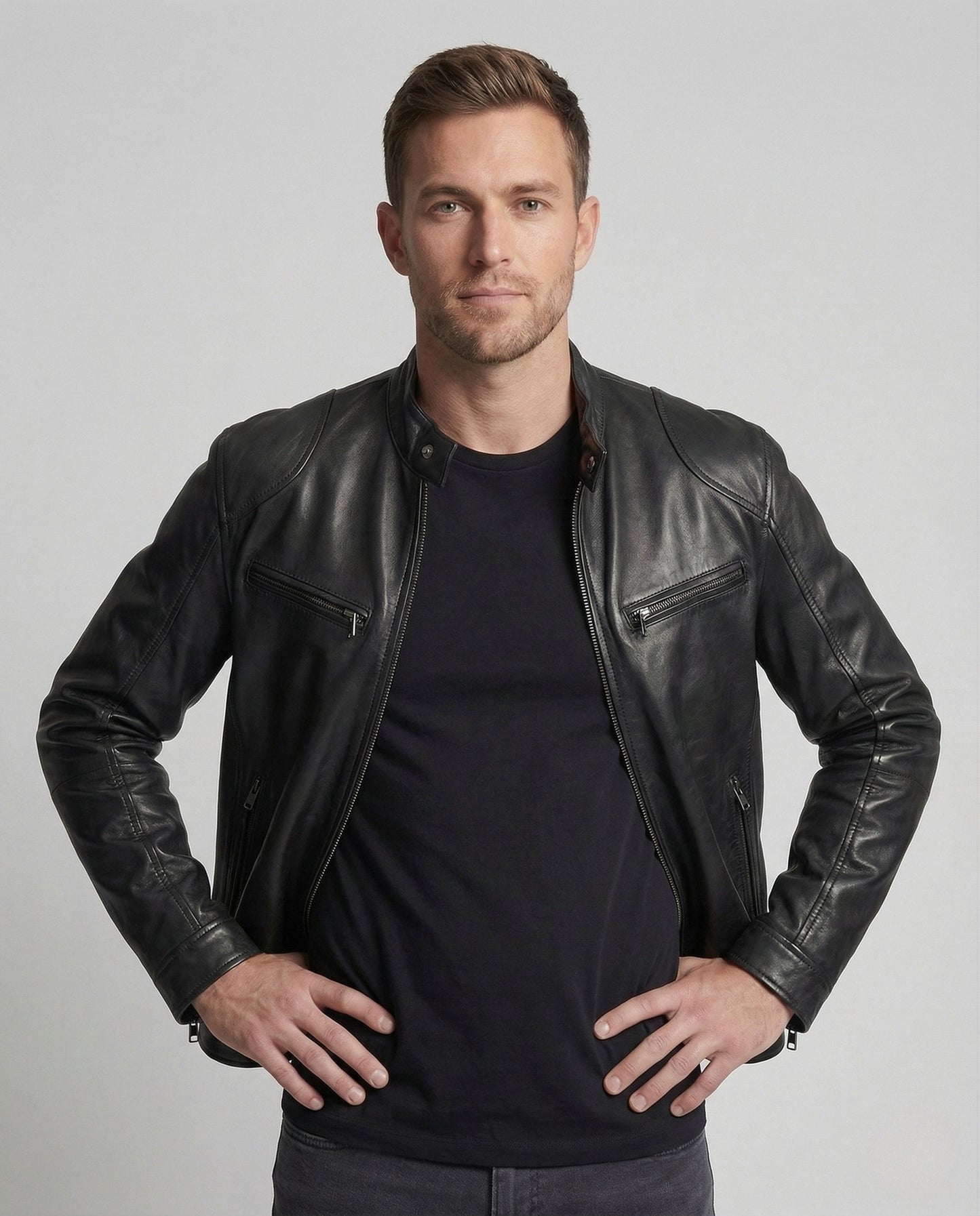 Herren Lederjacke Biker-Style Stehkragen Reißverschluss Schwarz - Eveloria