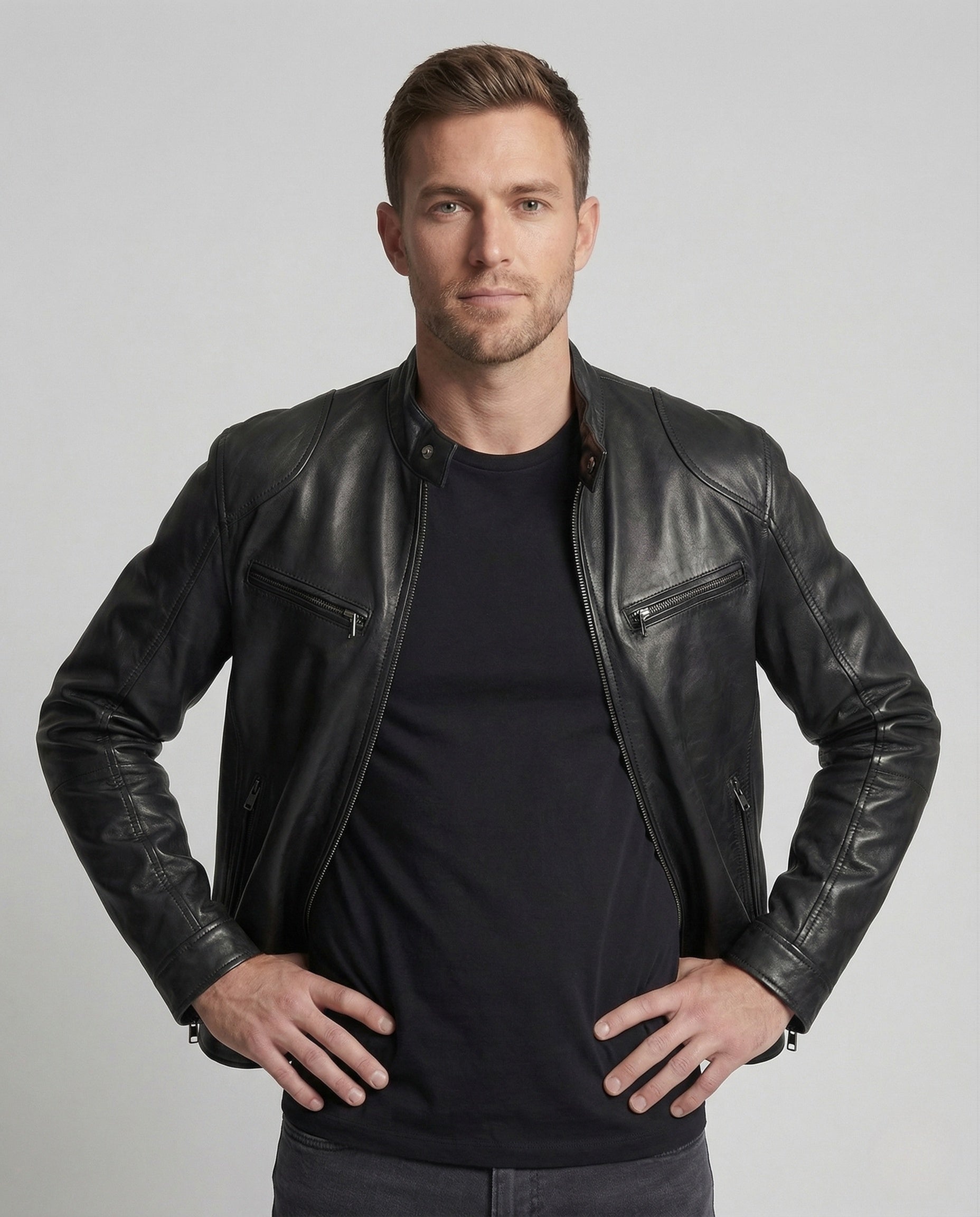Herren Lederjacke Biker-Style Stehkragen Reißverschluss Schwarz - Eveloria
