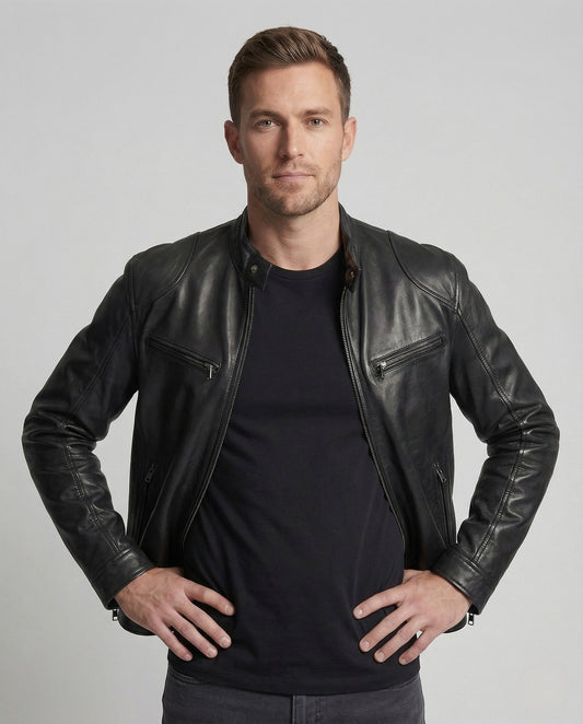 Herren Lederjacke Biker-Style Stehkragen Reißverschluss Schwarz - Eveloria