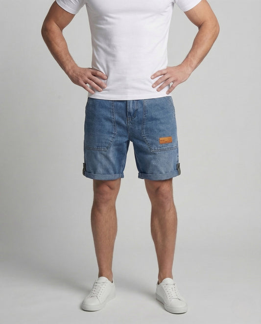 Herren Denim Shorts Cargotaschen Umschlagsaum Blau - Eveloria