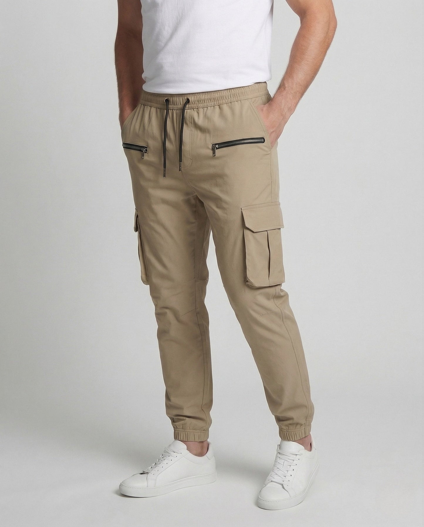 Herren Slim Fit Cargo Jogginghose Reißverschluss Taschen Schwarz - Eveloria