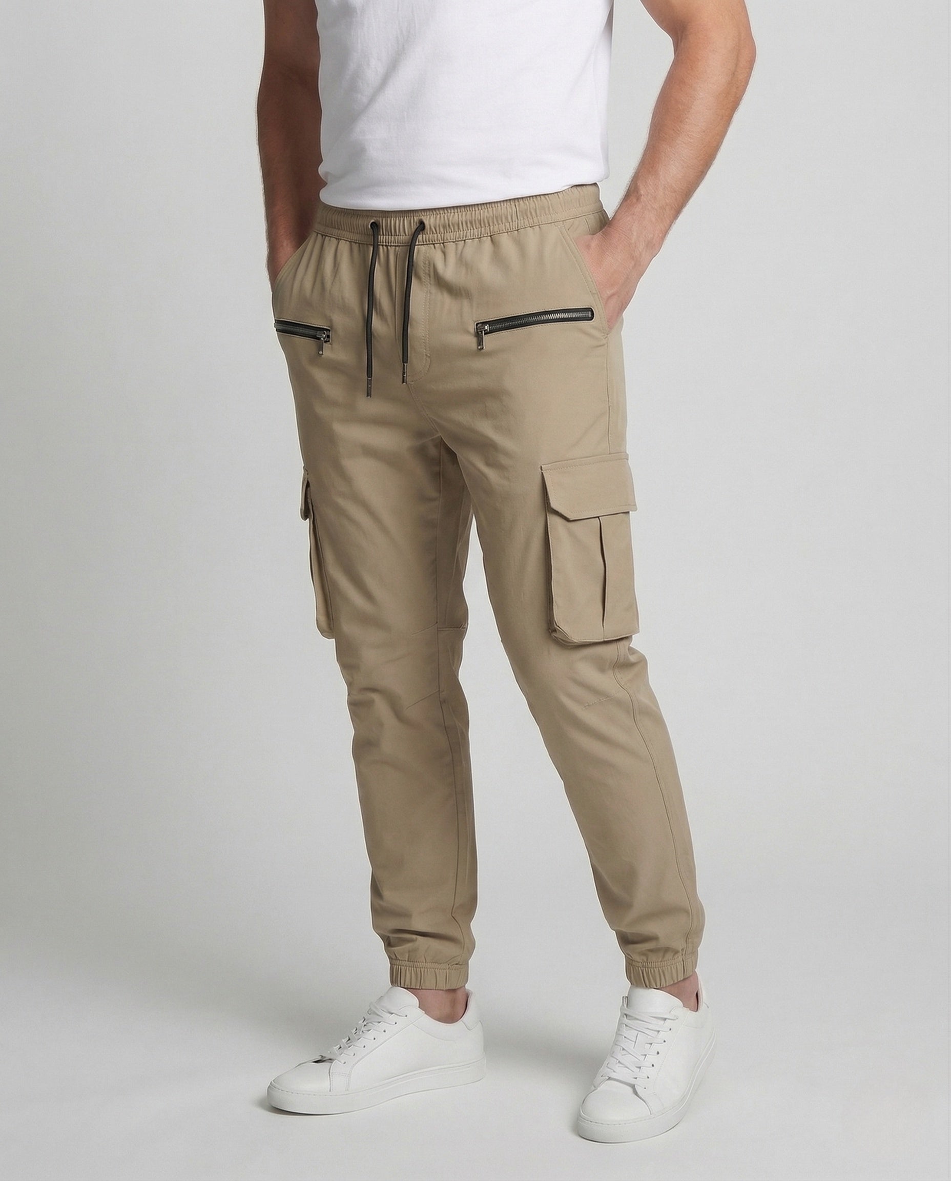 Herren Slim Fit Cargo Jogginghose Reißverschluss Taschen Schwarz - Eveloria