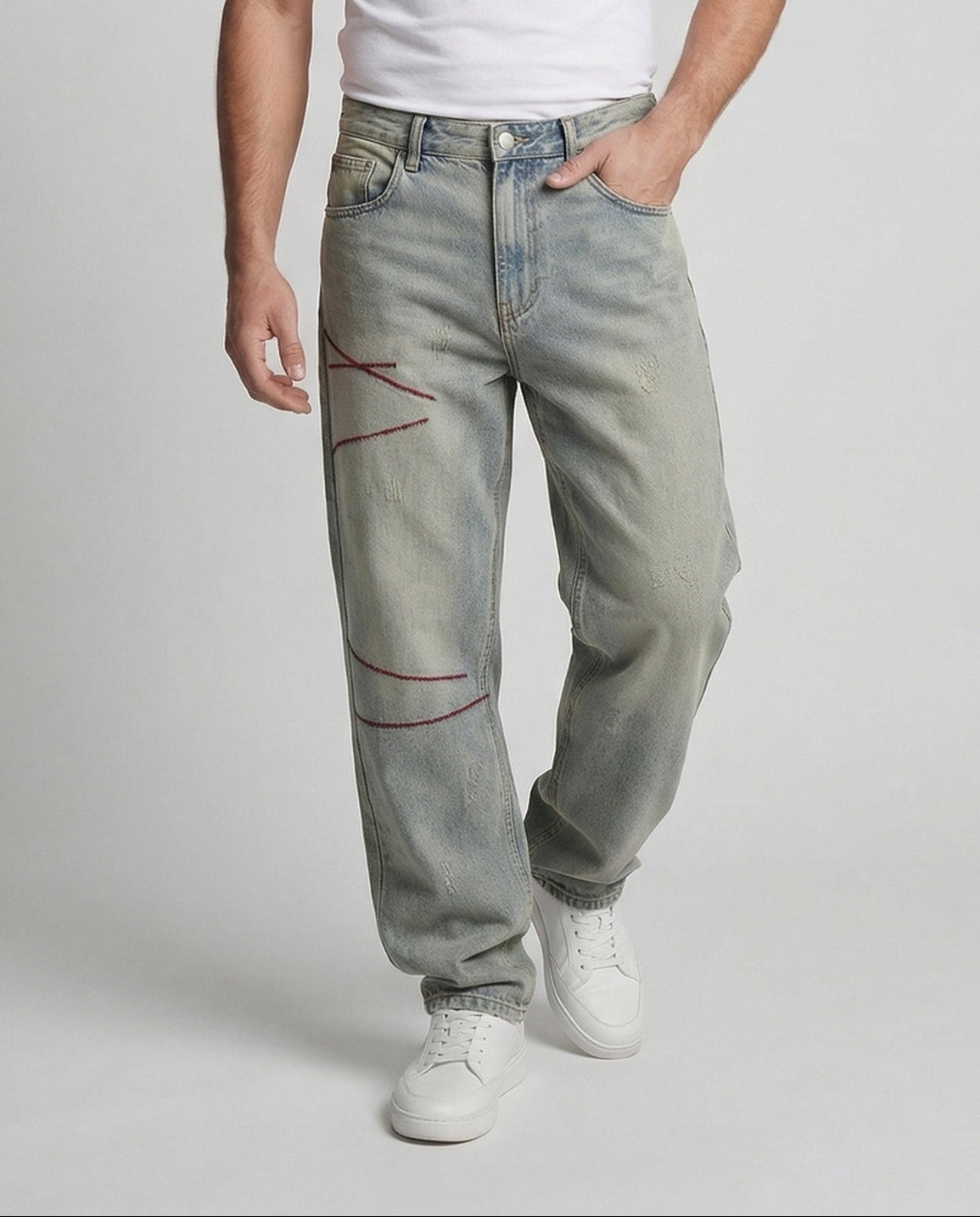 Herren Baggy Jeans Used Optik Ziernähte Blau - Eveloria