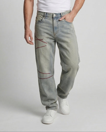 Herren Baggy Jeans Used Optik Ziernähte Blau - Eveloria