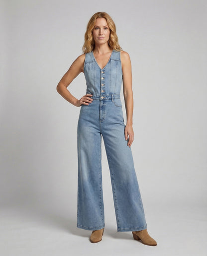 Damen Weiter Denim-Overall V-Ausschnitt Blau - Eveloria