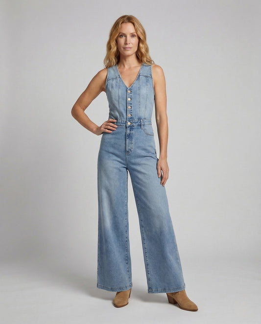 Damen Weiter Denim-Overall V-Ausschnitt Blau - Eveloria