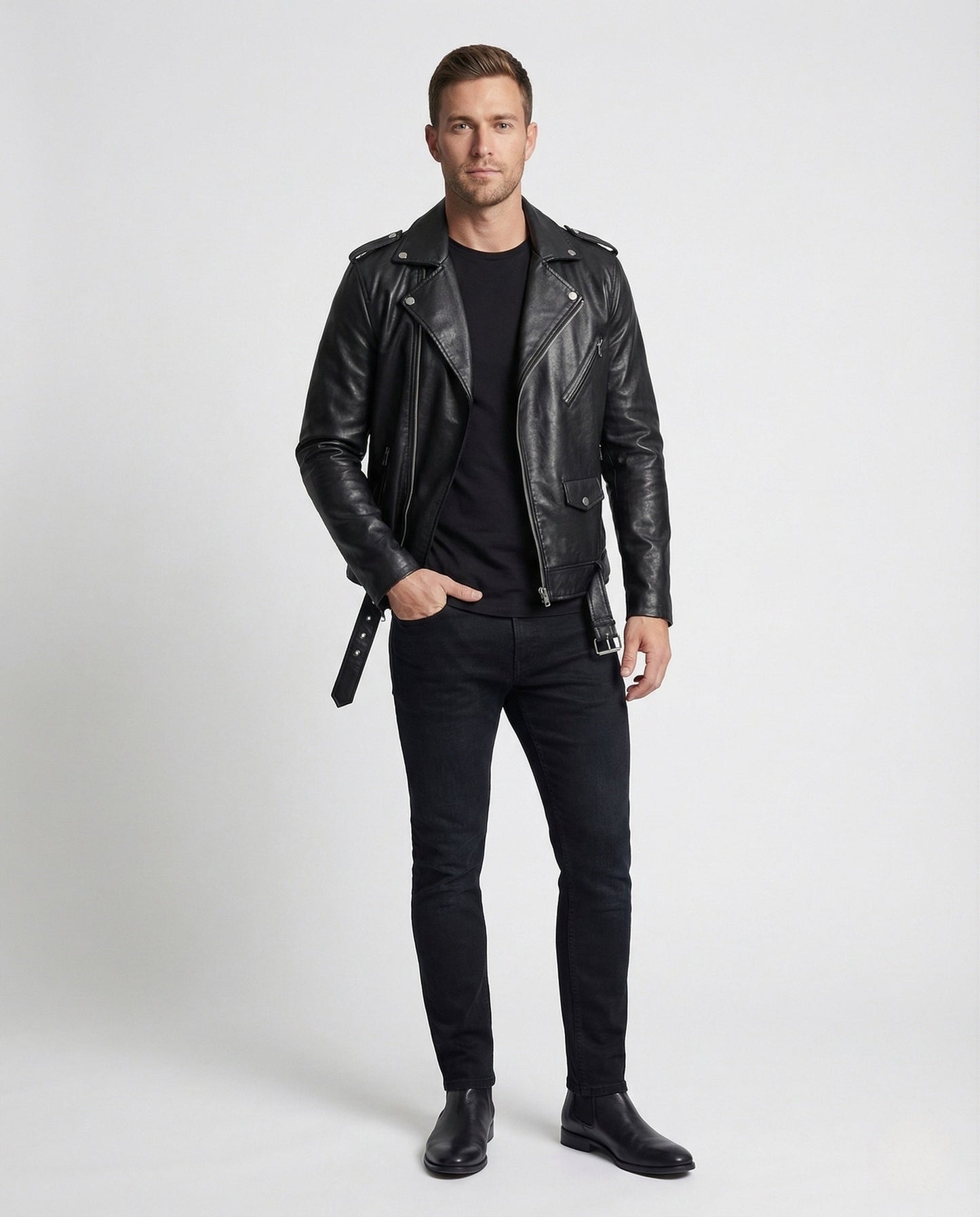 Herren Bikerjacke Kunstleder Tailliert - Eveloria