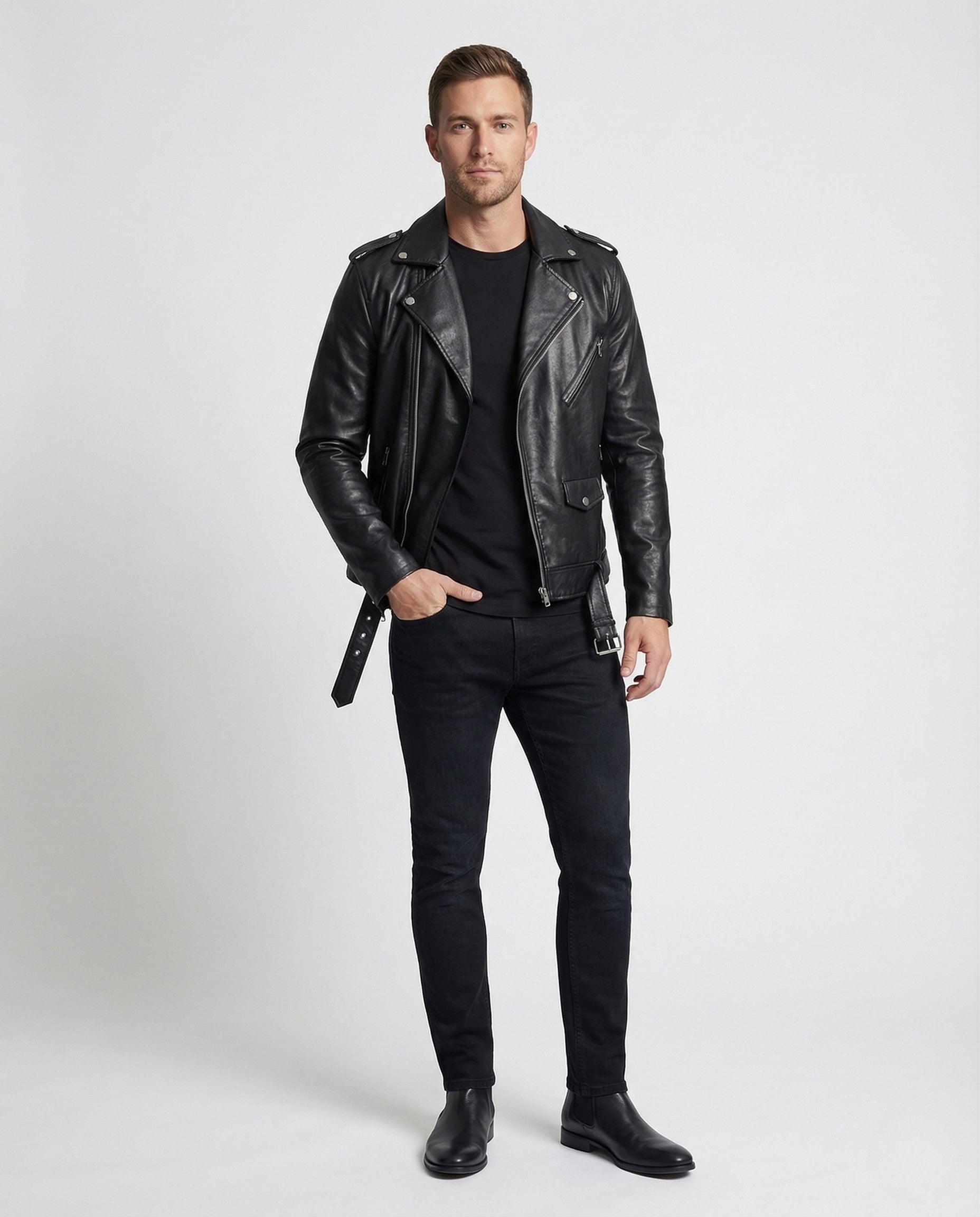Herren Bikerjacke Kunstleder Tailliert - Eveloria