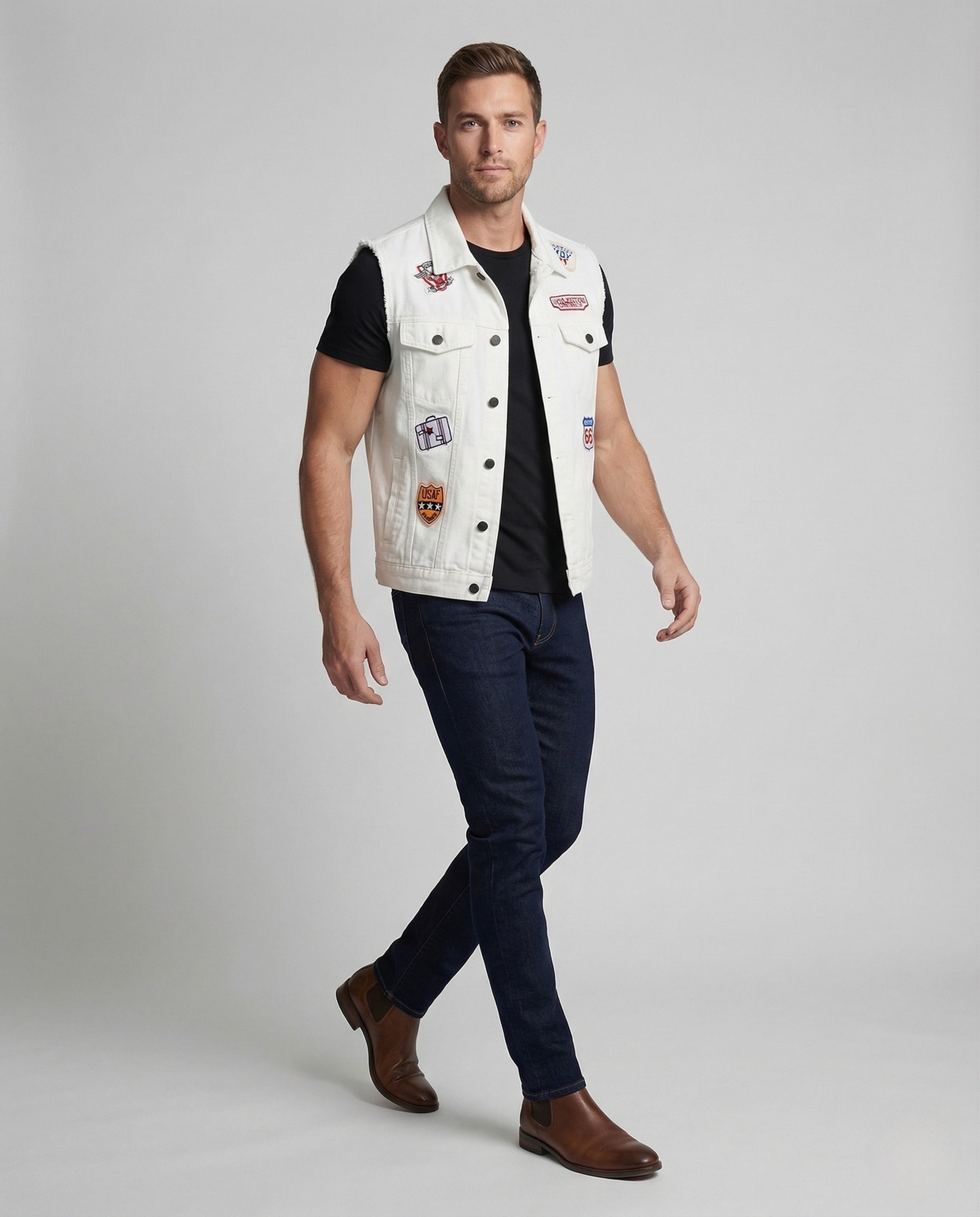 Unisex Jeansweste Baumwolle Retro Patches Blau - Eveloria