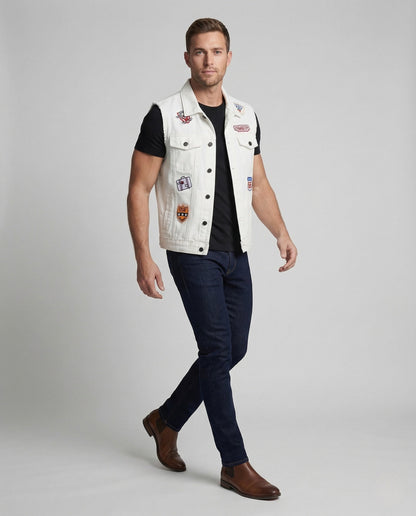 Unisex Jeansweste Baumwolle Retro Patches Blau - Eveloria