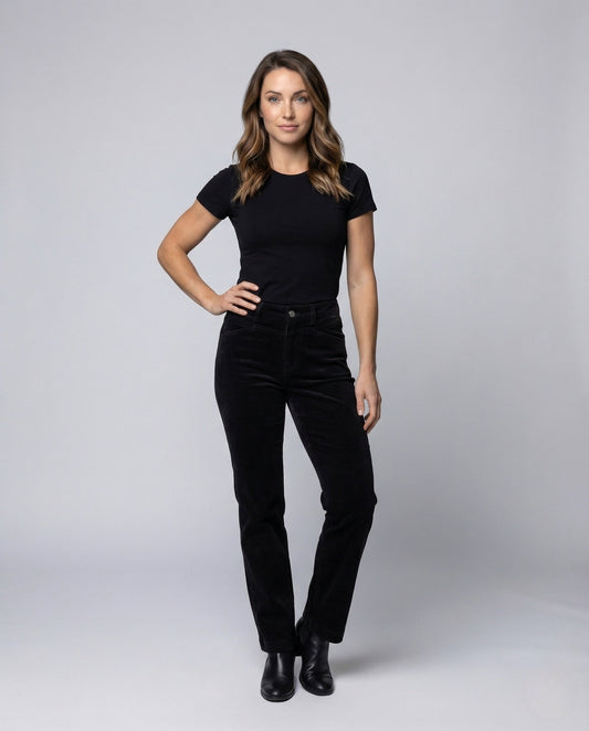 Damen High Waist Hose Feincord Elastisch Gerades Bein Schwarz - Eveloria