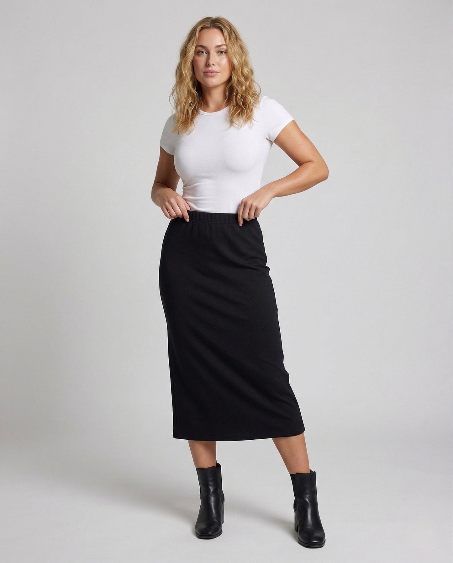 Damen Midirock Gerade Vorderer Schlitz Elastisch Schwarz - Eveloria