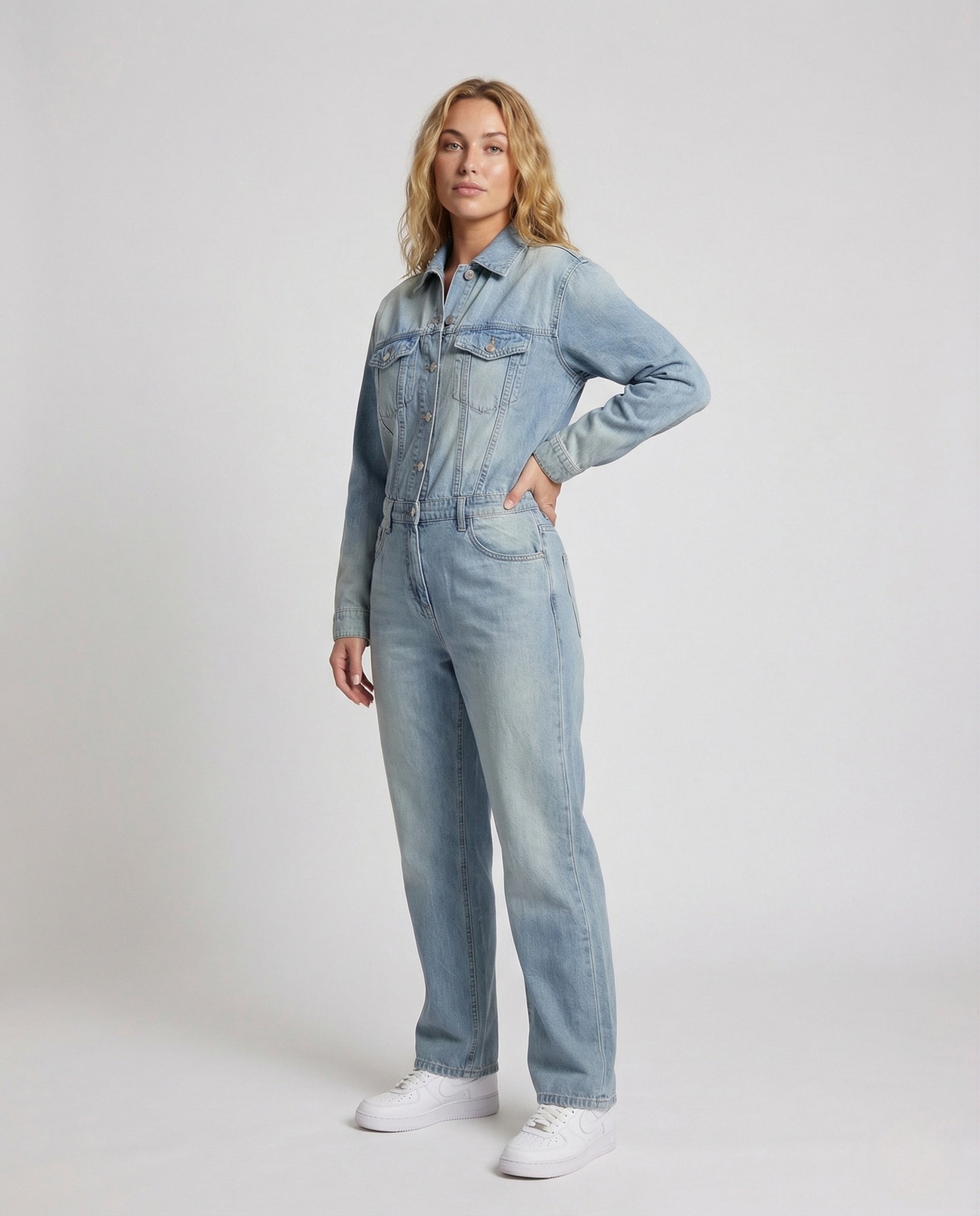 Damen Jeans-Overall Gerades Bein Mit Knopfleiste Und Brusttaschen - Eveloria
