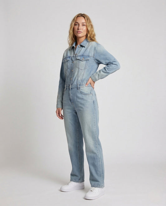Damen Jeans-Overall Gerades Bein Mit Knopfleiste Und Brusttaschen - Eveloria