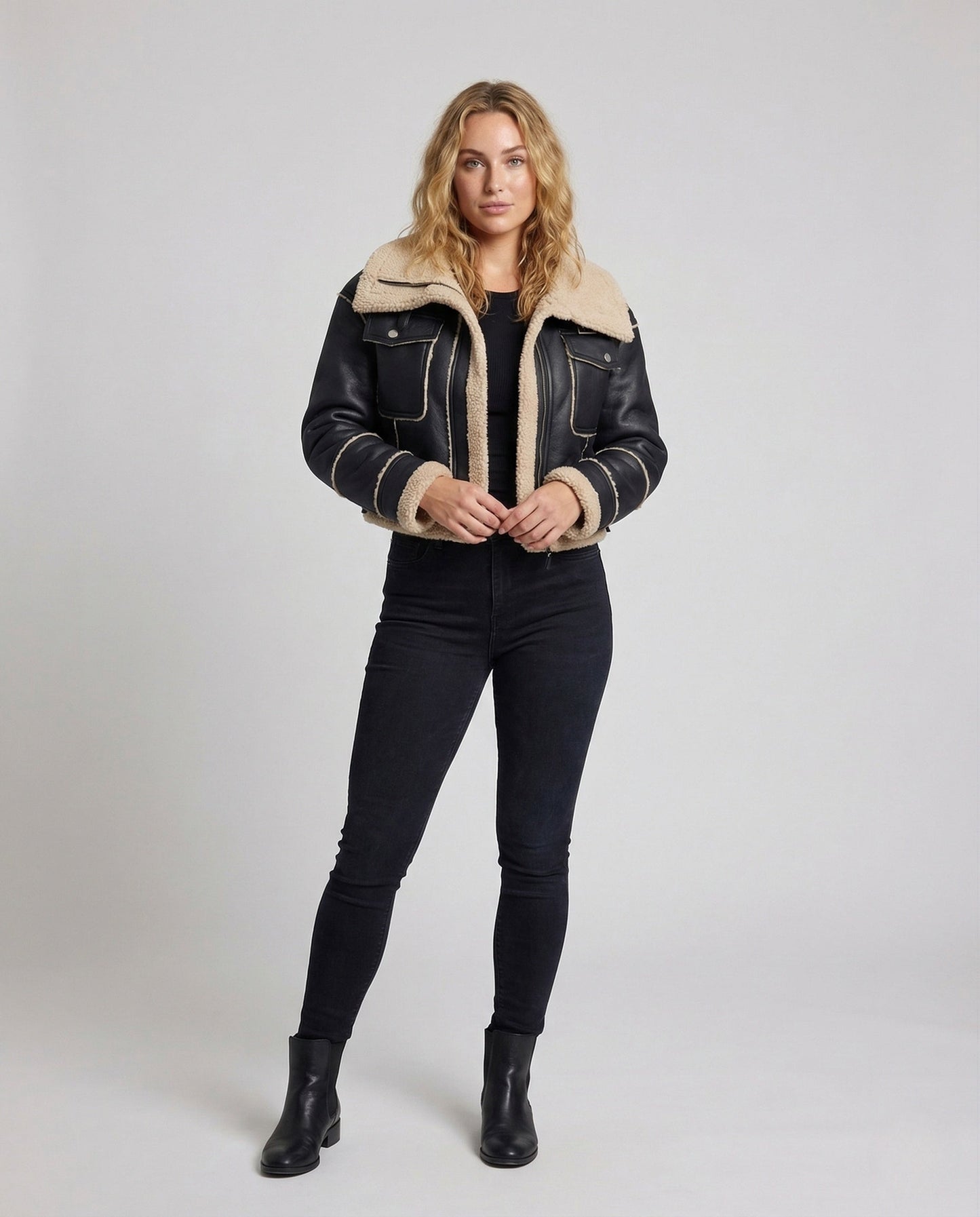 Damen Teddyjacke Kurz Lammfell Optik Kordelzug - Eveloria