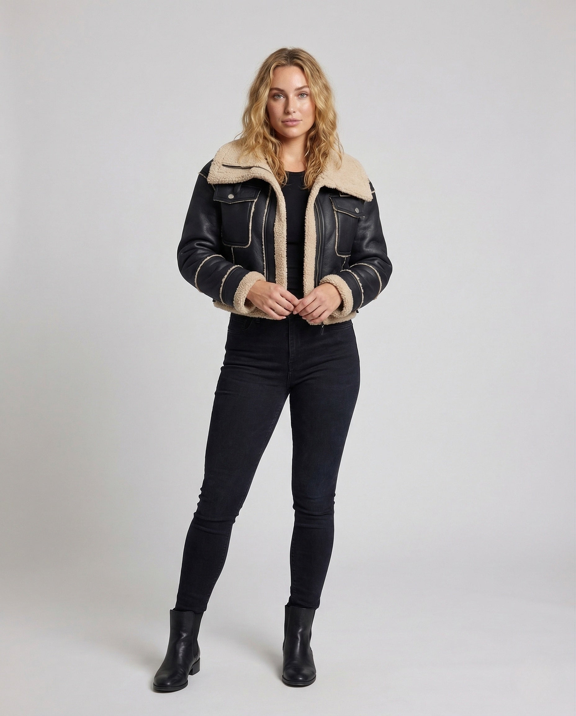Damen Teddyjacke Kurz Lammfell Optik Kordelzug - Eveloria
