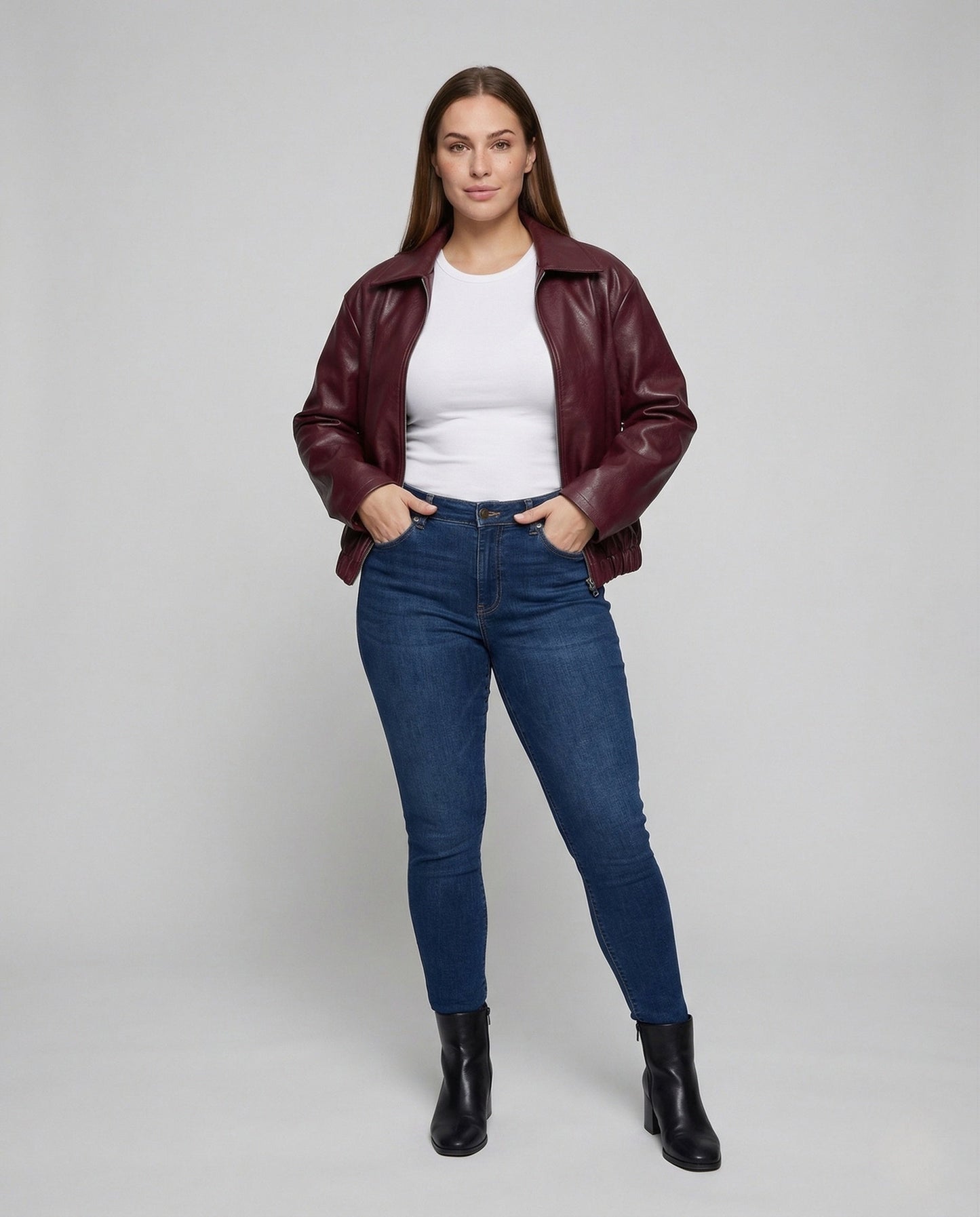 Damen Kunstlederjacke Locker Reißverschluss Hemdkragen - Eveloria