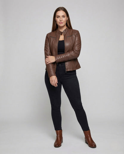 Damen Bikerjacke Kunstleder Tailliert Steppärmel Schwarz - Eveloria
