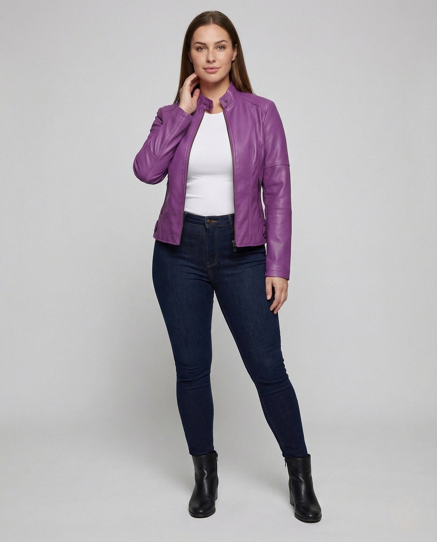 Damen Lederjacke Tailliert Stehkragen Schwarz - Eveloria