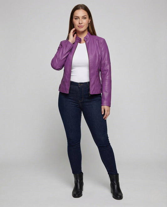 Damen Lederjacke Tailliert Stehkragen Schwarz - Eveloria