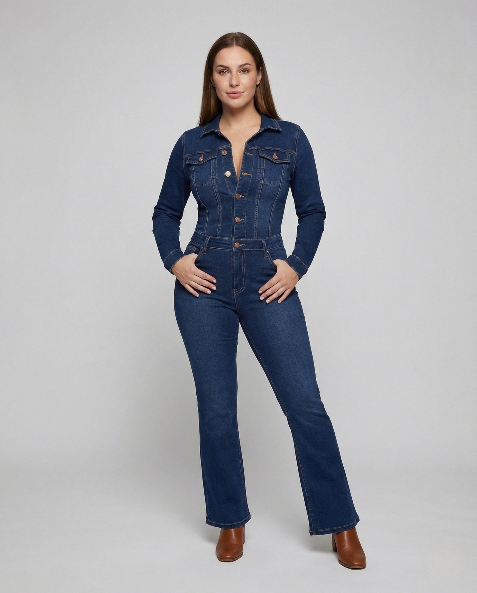 Damen Denim Overall Tailliert Hemdkragen Ausgestelltes Bein - Eveloria
