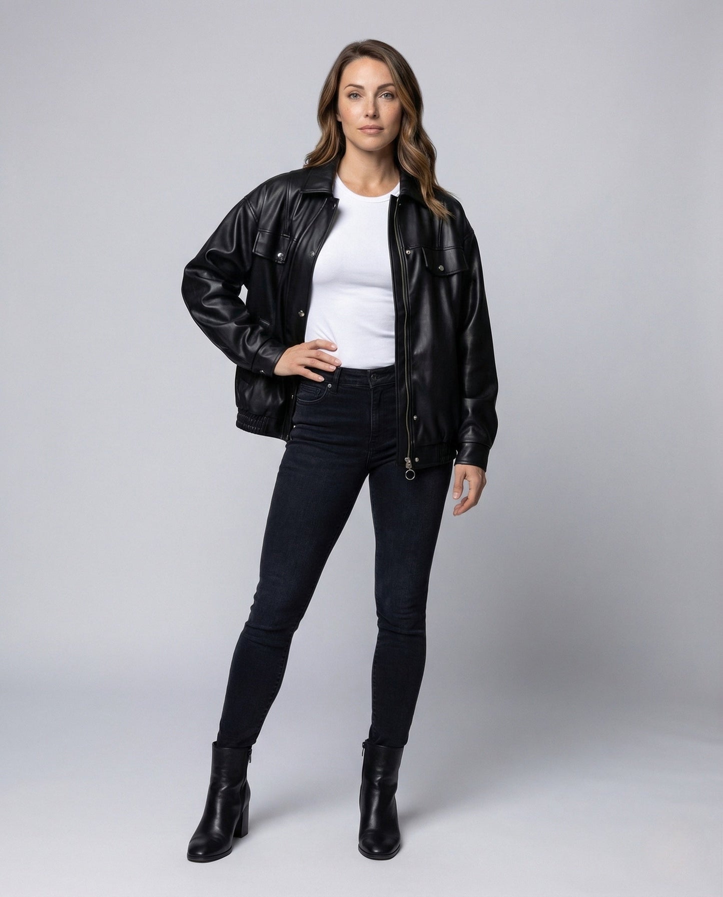 Damen Kunstlederjacke Weit Reißverschluss Elastisch Schwarz - Eveloria