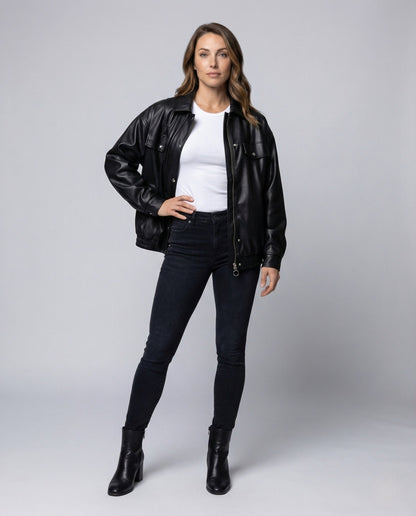 Damen Kunstlederjacke Weit Reißverschluss Elastisch Schwarz - Eveloria
