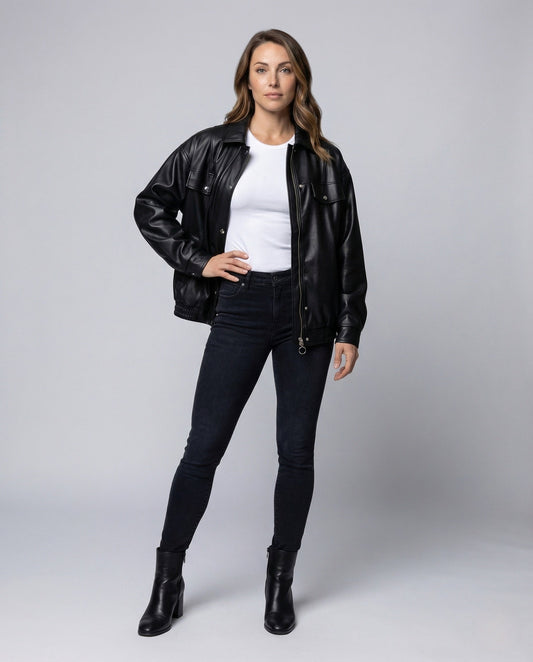 Damen Kunstlederjacke Weit Reißverschluss Elastisch Schwarz - Eveloria