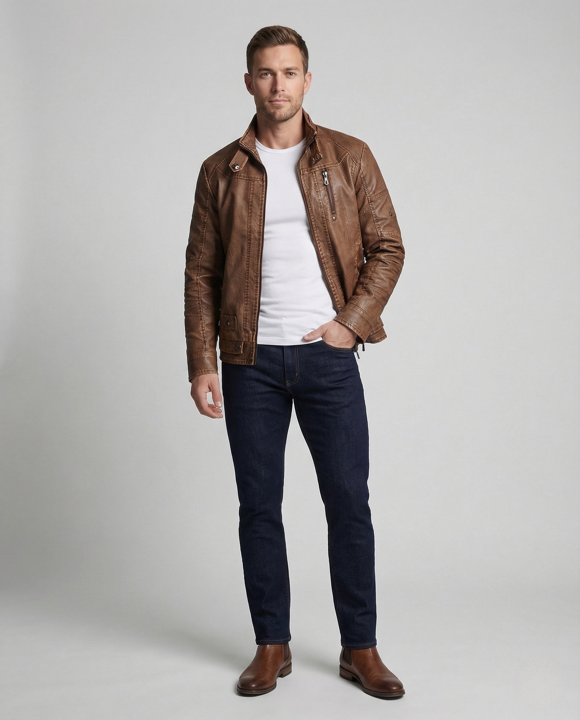 Herren Bikerjacke Kunstleder Stehkragen Reißverschluss Schwarz - Eveloria
