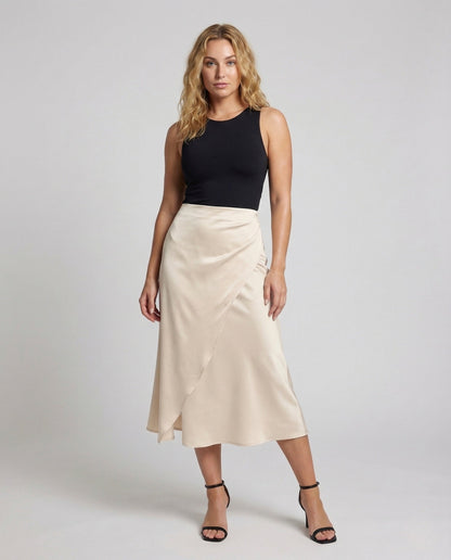Damen Wickelrock Crepe Midi Asymmetrisch Schwarz - Eveloria