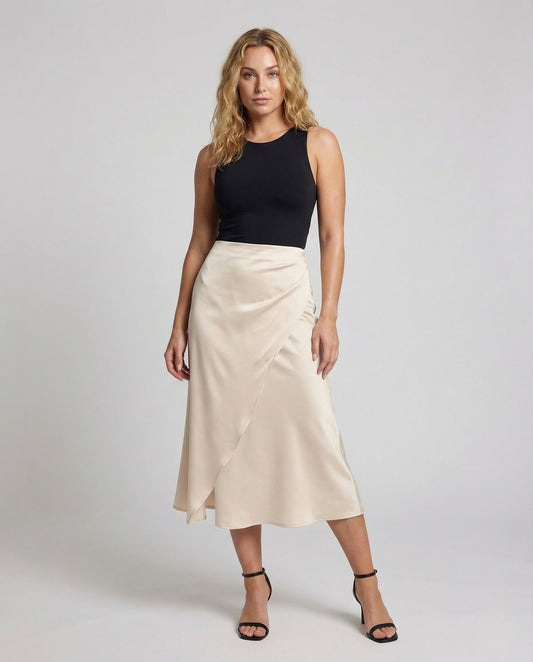 Damen Wickelrock Crepe Midi Asymmetrisch Schwarz - Eveloria