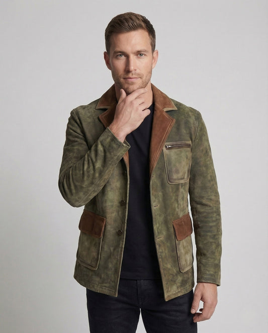 Herren Lederjacke Vintage Look Kontrastbesatz Schwarz - Eveloria