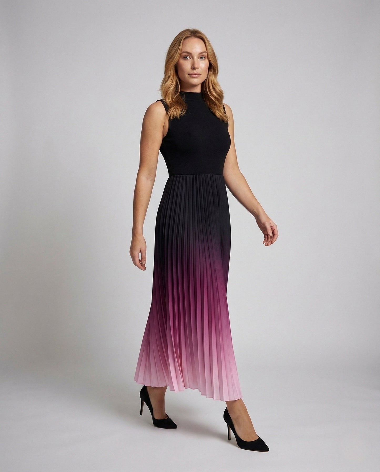 Damen Maxikleid Ärmellos Stehkragen Plissee - Eveloria