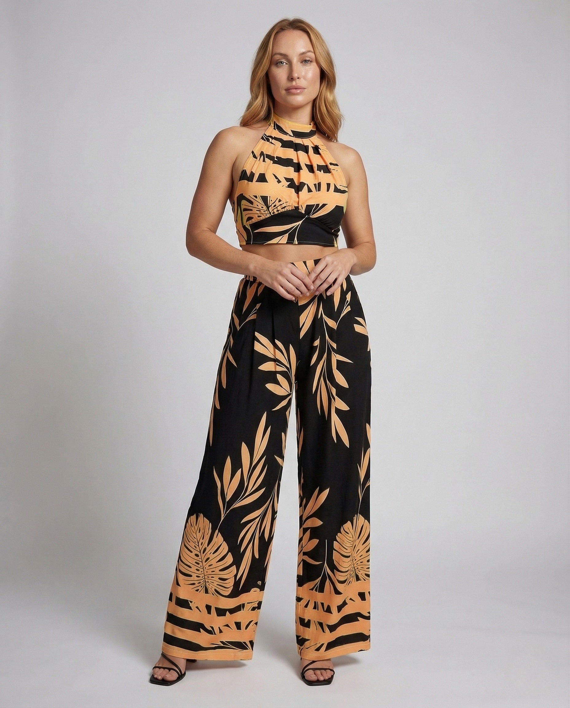 Damen Neckholder und Palazzo Hose Blattprint - Eveloria