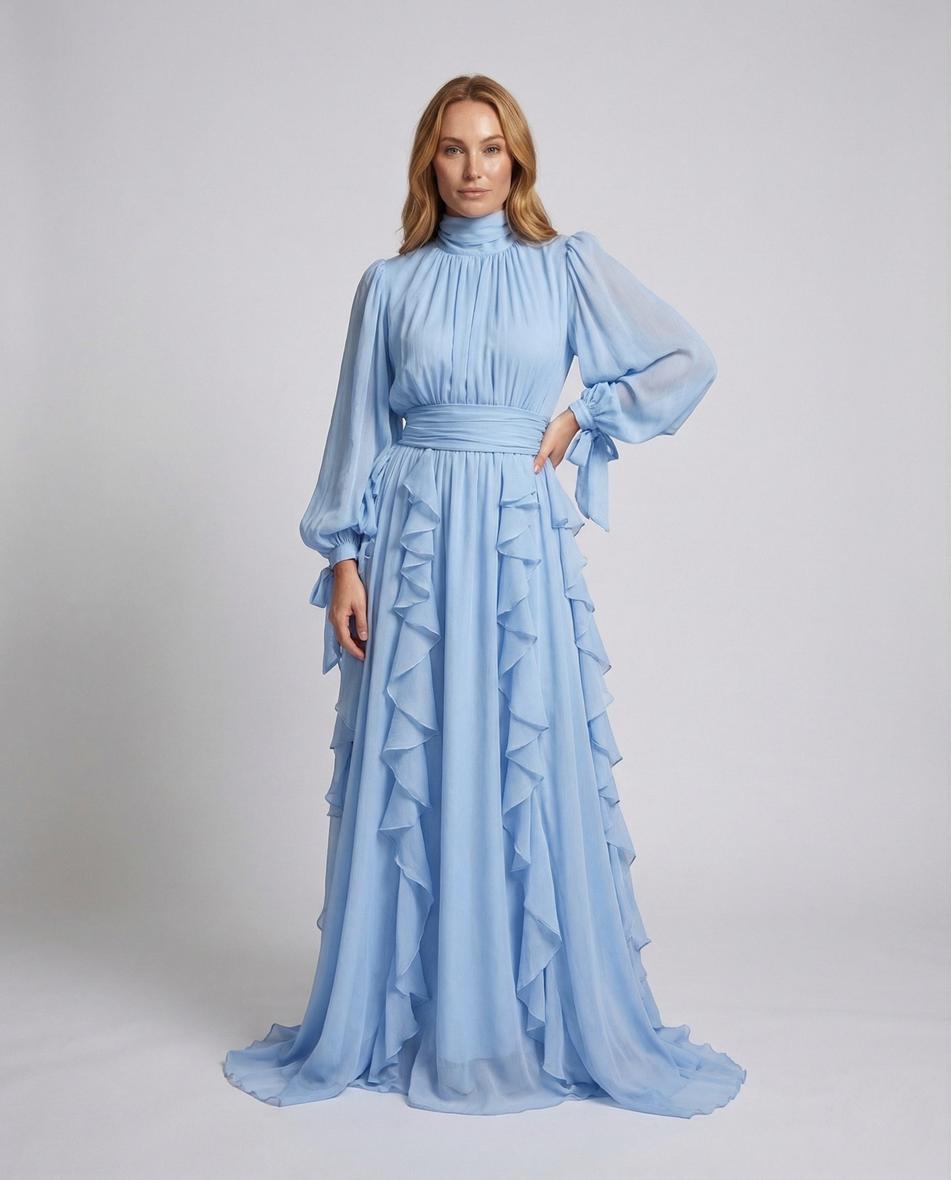 Damen Abendkleid Stehkragen Puffärmel mit Gürtel - Eveloria
