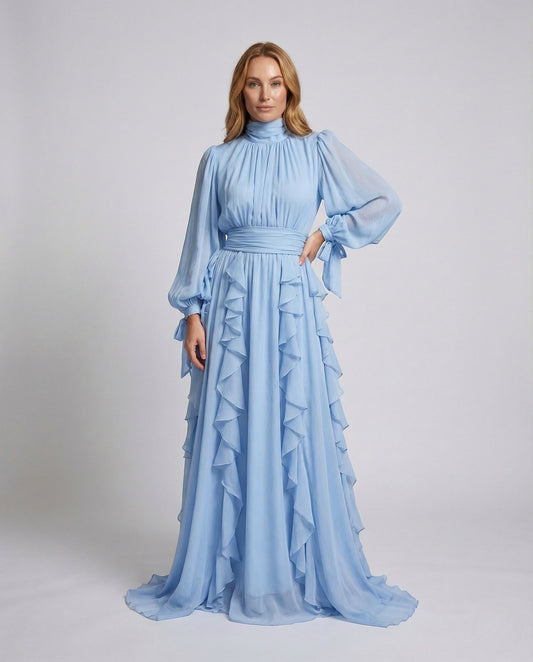 Damen Abendkleid Stehkragen Puffärmel mit Gürtel - Eveloria