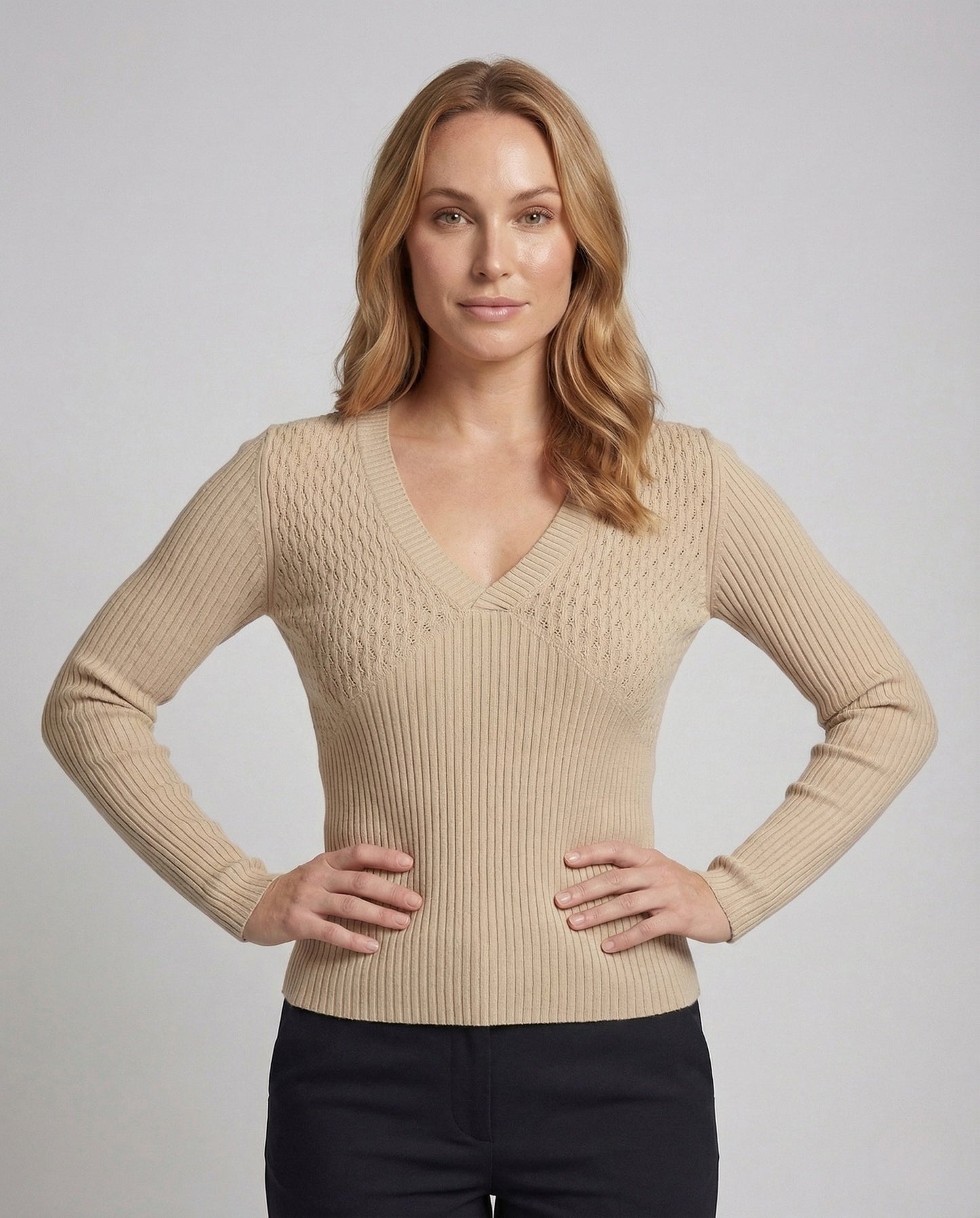 Damen Feinstrickpullover V-Ausschnitt Rippstruktur - Eveloria