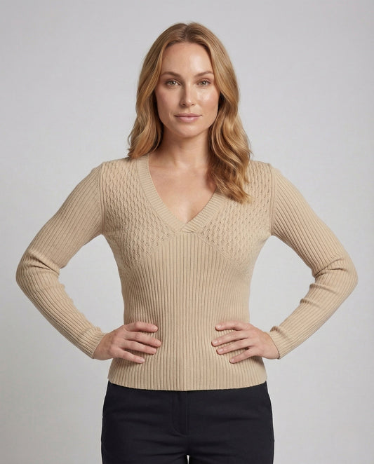Damen Feinstrickpullover V-Ausschnitt Rippstruktur - Eveloria