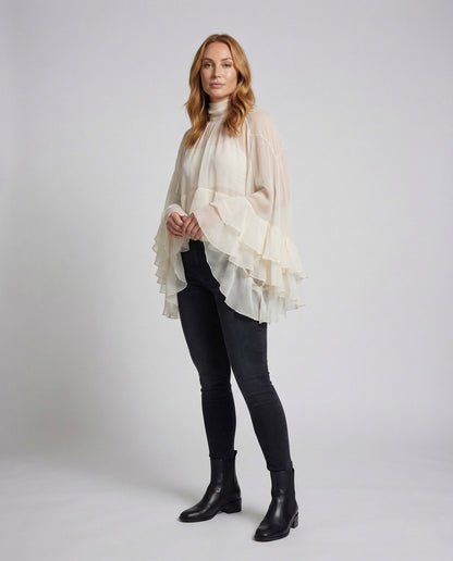 Damen Chiffon Bluse mit Volants und Stehkragen - Eveloria