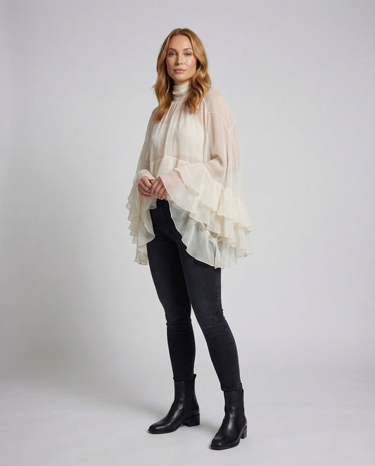 Damen Chiffon Bluse mit Volants und Stehkragen - Eveloria