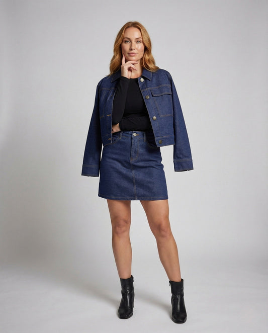 Damen Oversize Jeans Set A-Linie Jacke und Rock - Eveloria