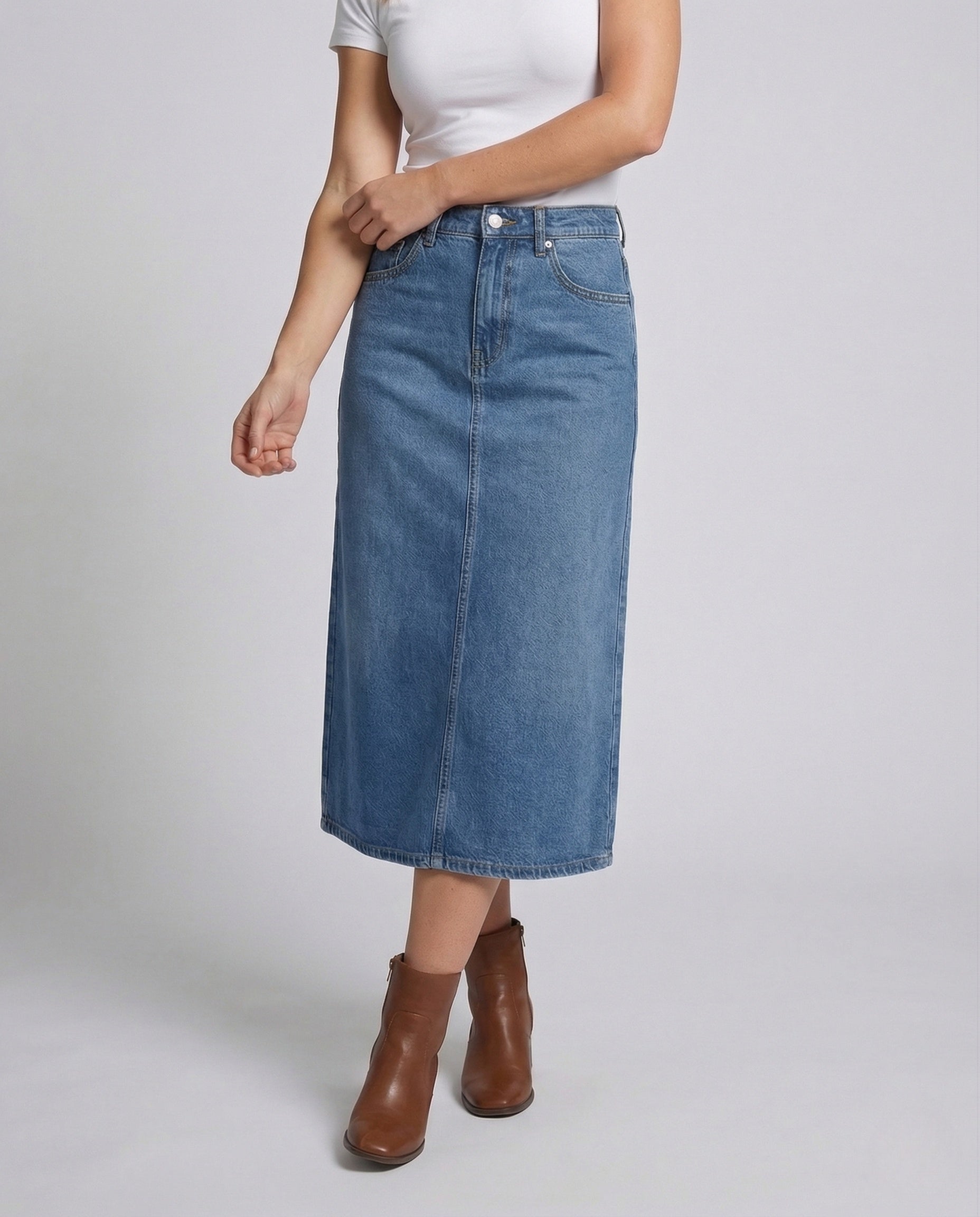 Damen Jeansrock Mittellang Mit Falte - Eveloria