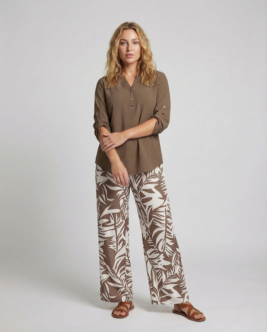 Damen Palazzo Set Blattprint Viskose Bluse - Eveloria