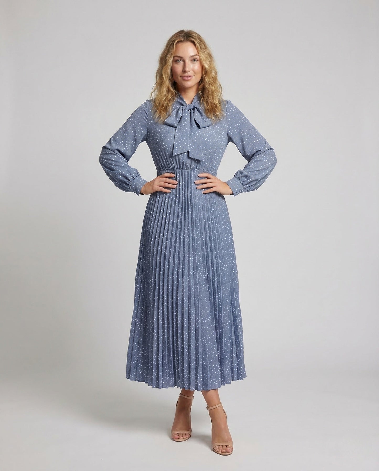 Damen Maxikleid Plissee Schleifenkragen Mit Gürtel - Eveloria