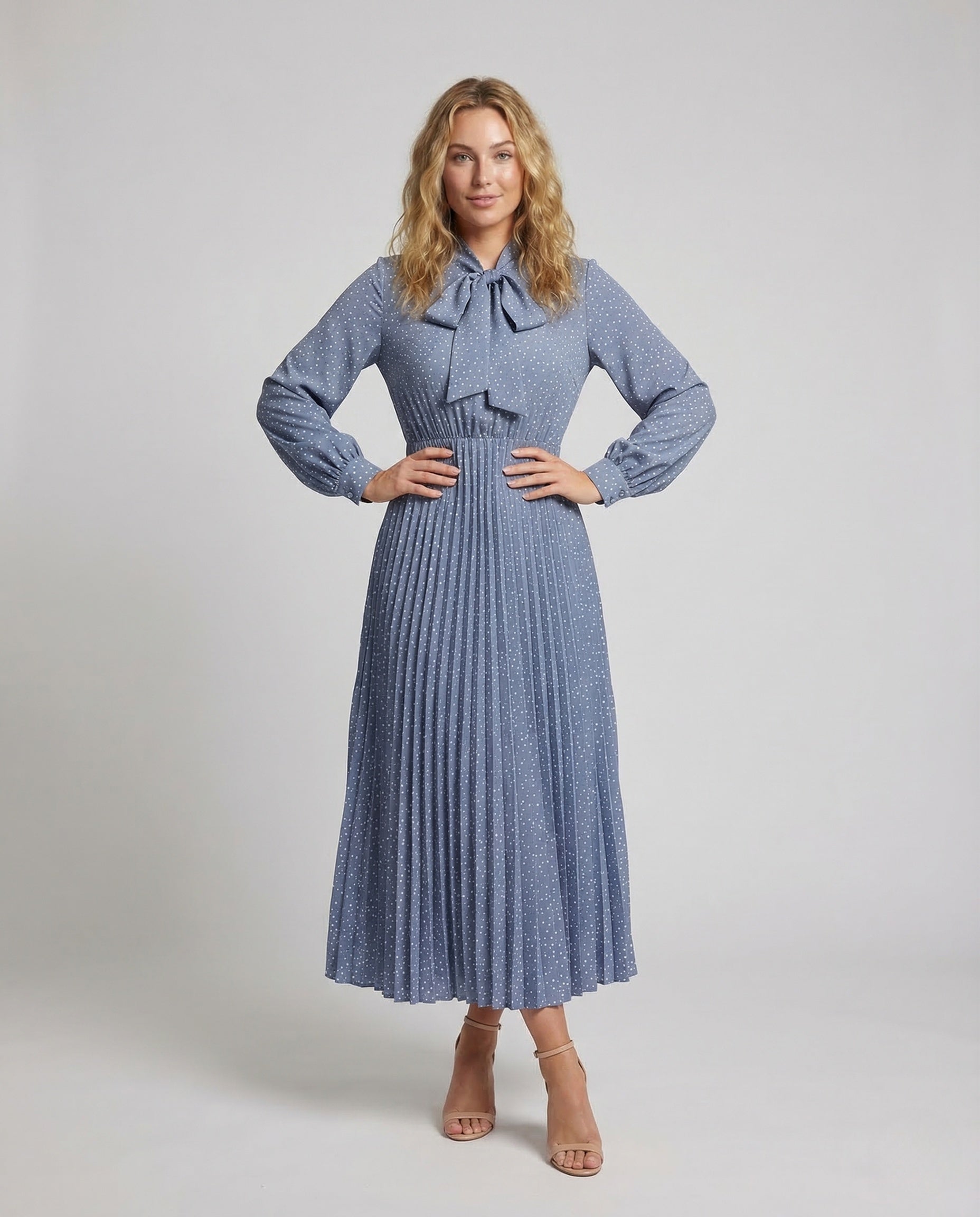 Damen Maxikleid Plissee Schleifenkragen Mit Gürtel - Eveloria