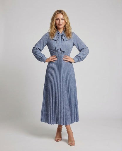 Damen Maxikleid Plissee Schleifenkragen Mit Gürtel - Eveloria