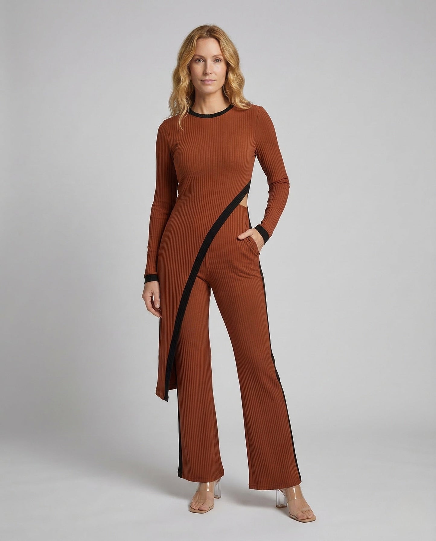 Damen Rippstrick Jumpsuit Schlaghose - Eveloria