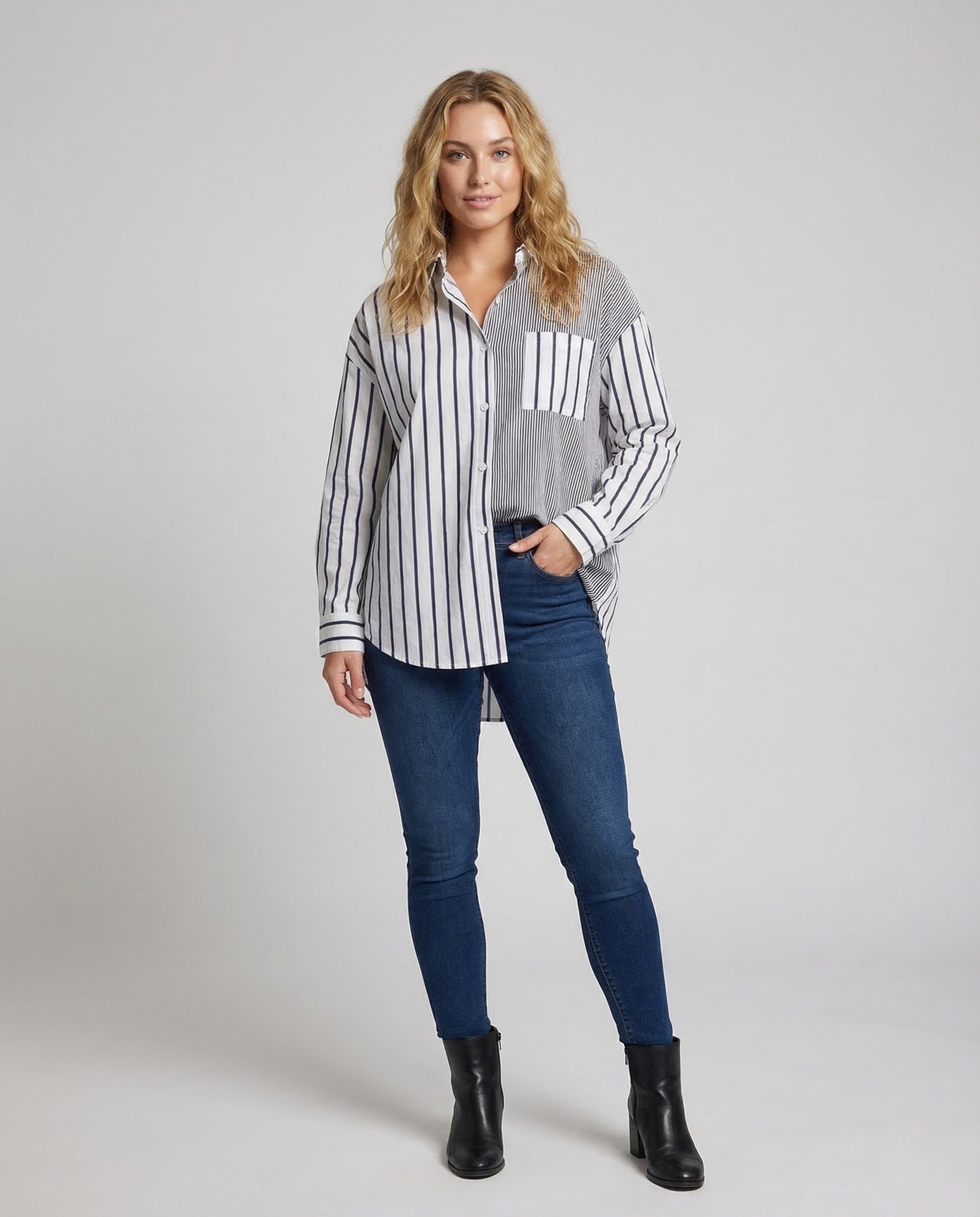 Damen Hemdbluse Streifen Knopfleiste - Eveloria