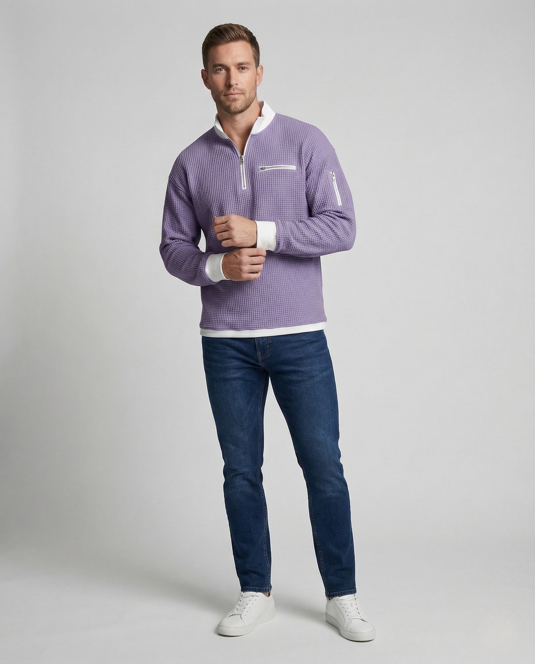 Herren Sweatshirt Waffelstrick Halb-Reißverschluss - Eveloria